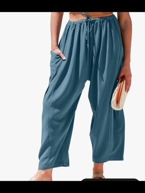 Wide Leg Drawstring Pants in Teal Blue NWOT